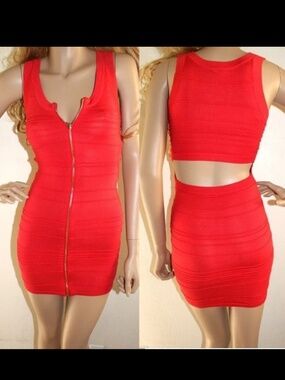 NWT Bebe 2b red gold zipper cutout back open sweater bodycon stretchy dress